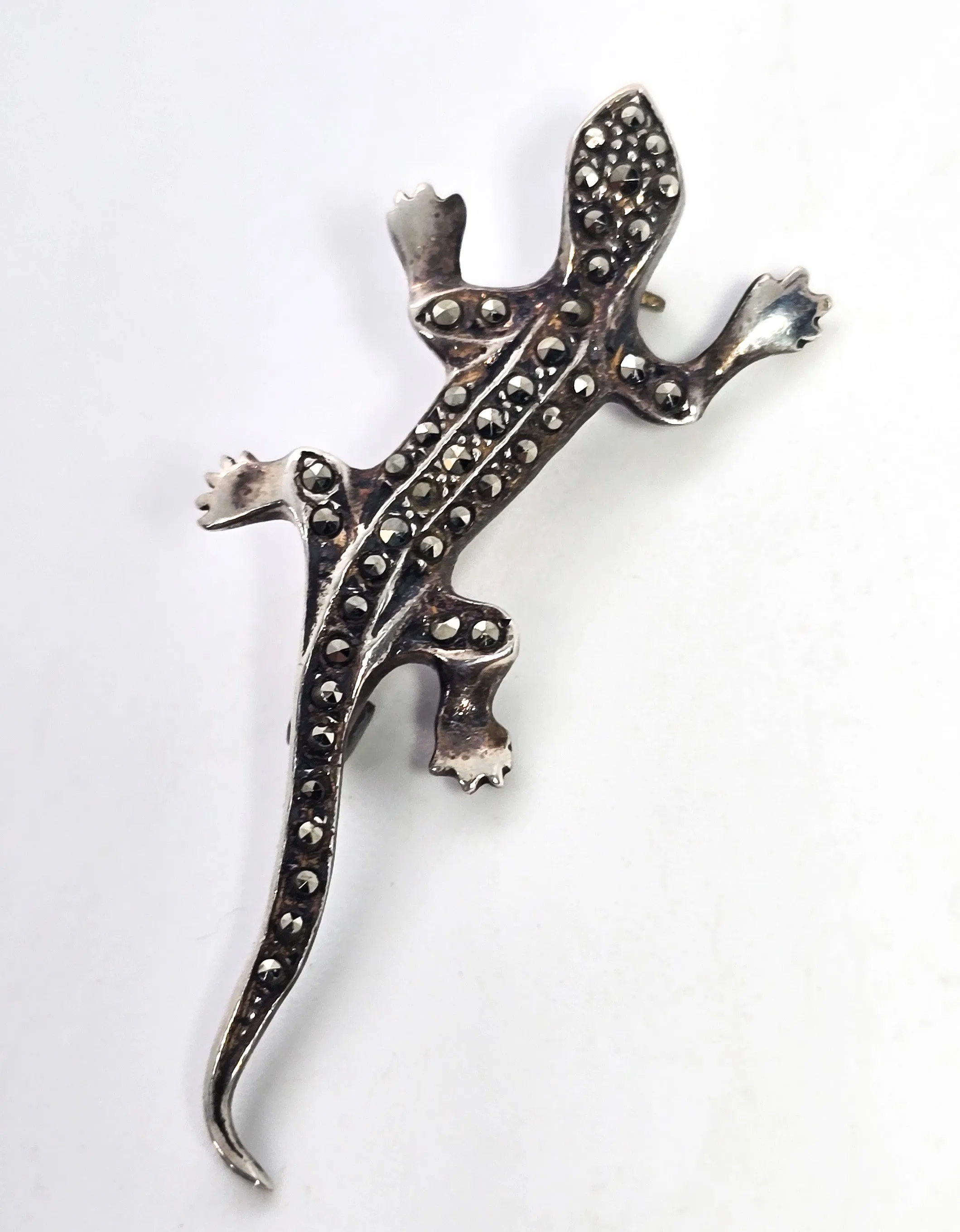 Marasite lizard reptile vintage sterling silver red eyed brooch