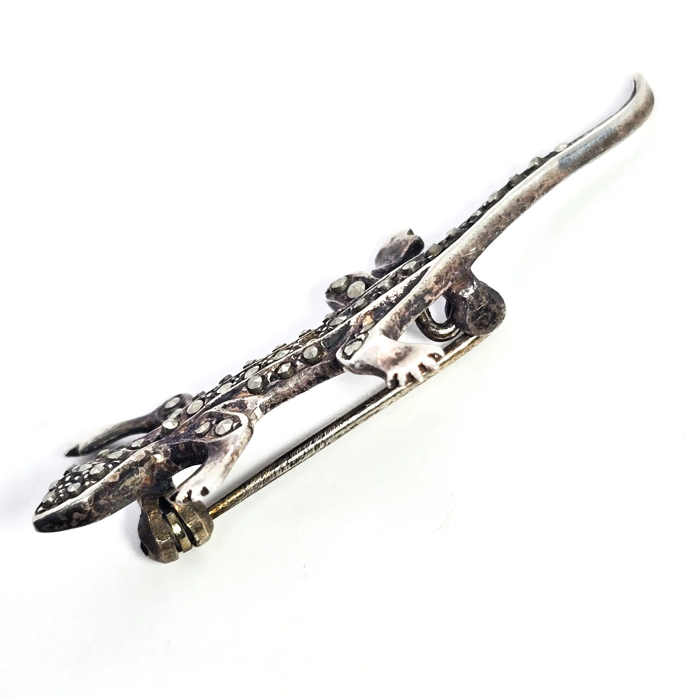 Marasite lizard reptile vintage sterling silver red eyed brooch