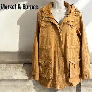 Market &amp; Spruce Golden Tan Cargo Utility Jacket Detachable Hood Lightweight