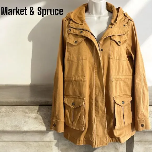 Market &amp; Spruce Golden Tan Cargo Utility Jacket Detachable Hood Lightweight