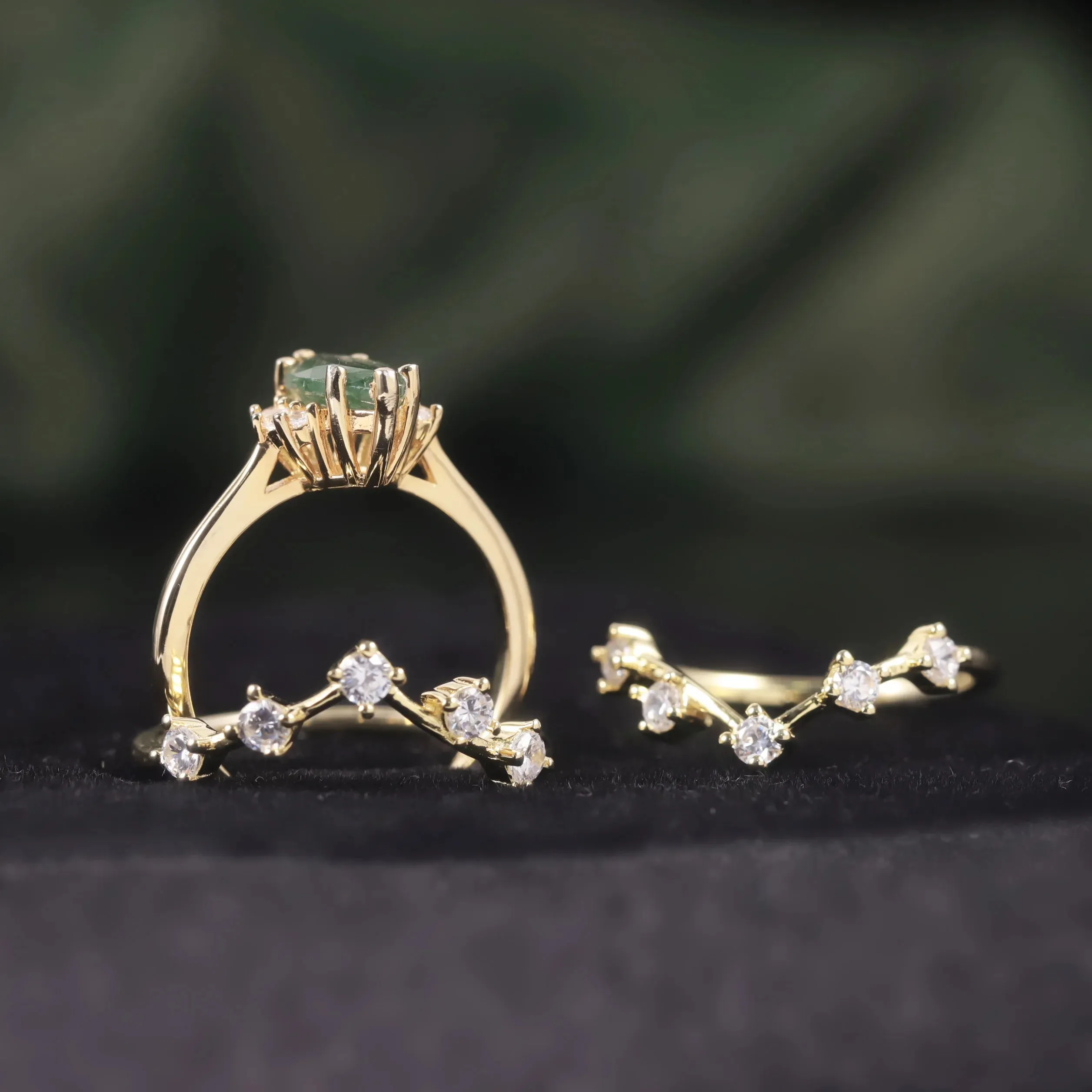 Marquise 5x10mm Natural Moss Agate Ring in 925 Sterling Silver – Dainty Bridal Set
