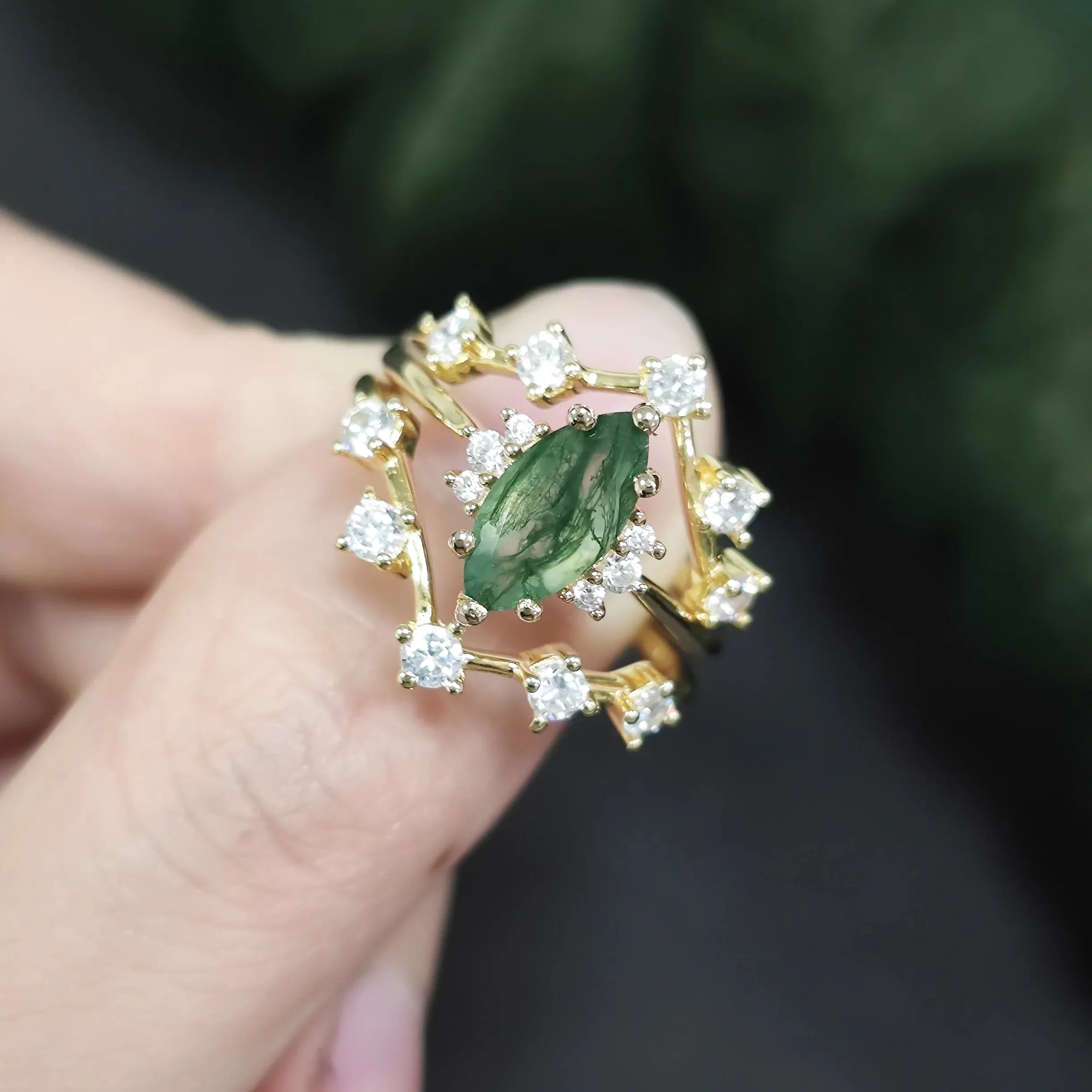 Marquise 5x10mm Natural Moss Agate Ring in 925 Sterling Silver – Dainty Bridal Set