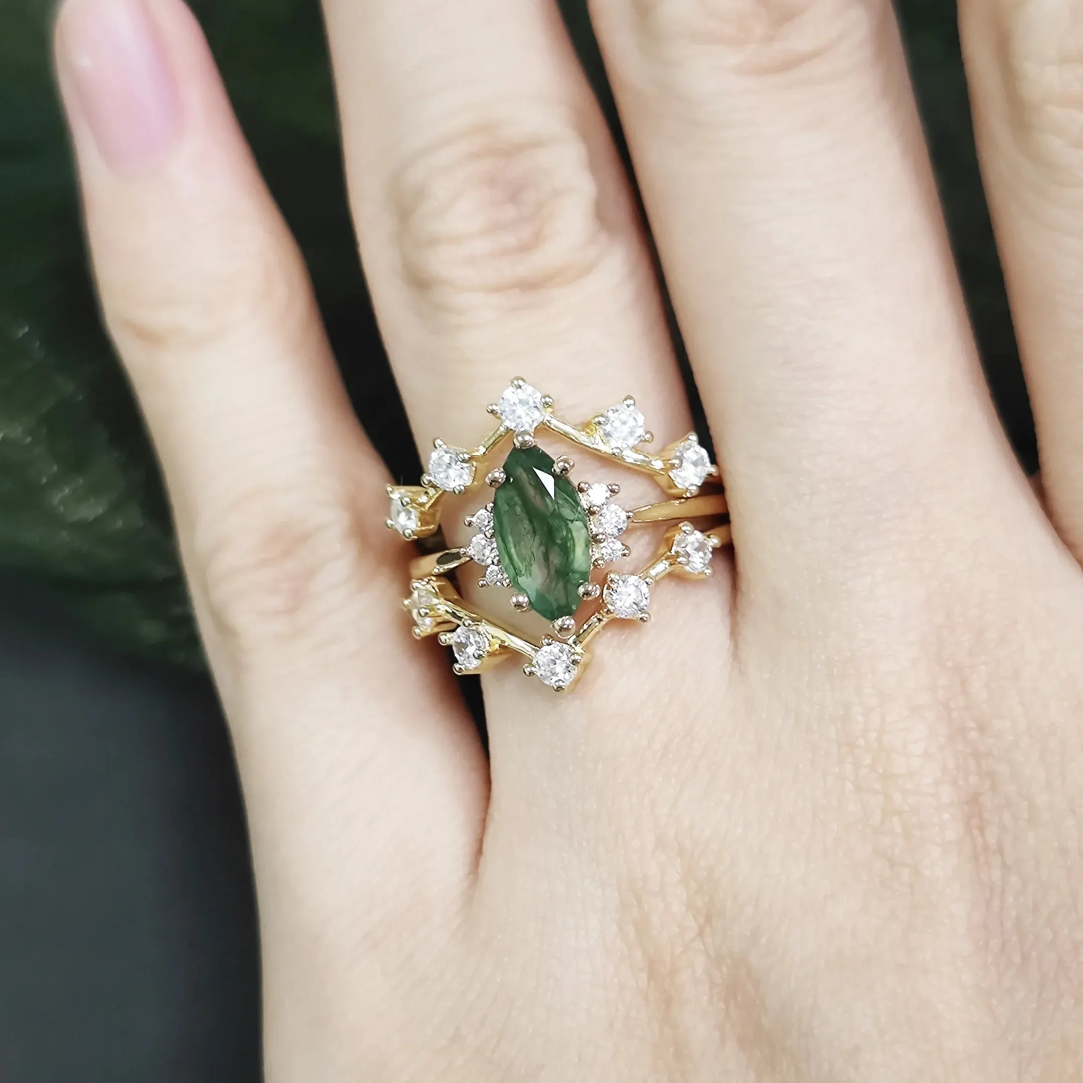 Marquise 5x10mm Natural Moss Agate Ring in 925 Sterling Silver – Dainty Bridal Set