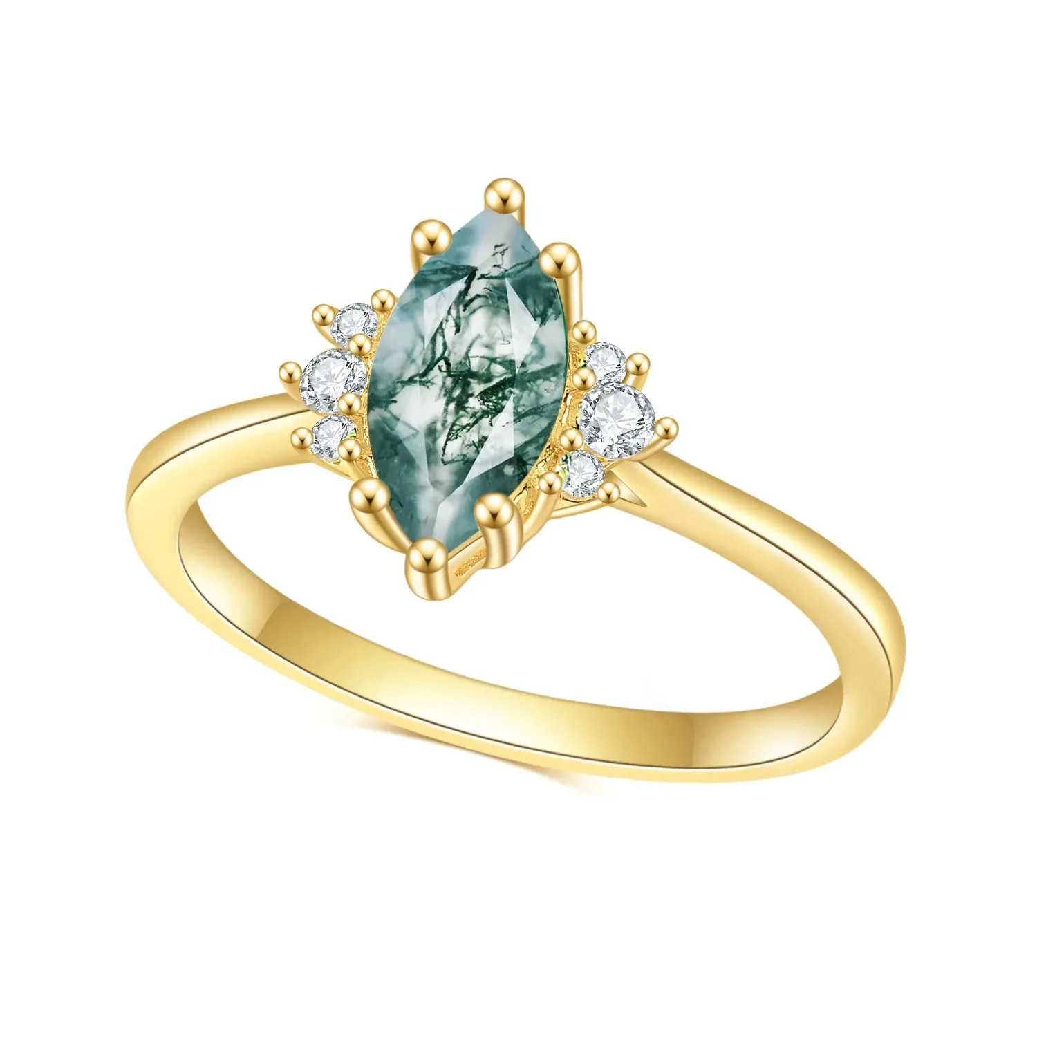 Marquise 5x10mm Natural Moss Agate Ring in 925 Sterling Silver – Dainty Bridal Set