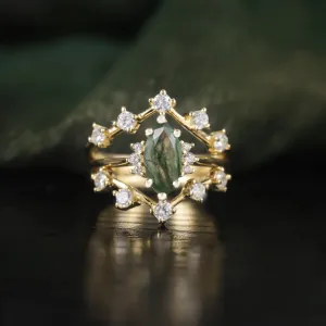 Marquise 5x10mm Natural Moss Agate Ring in 925 Sterling Silver – Dainty Bridal Set