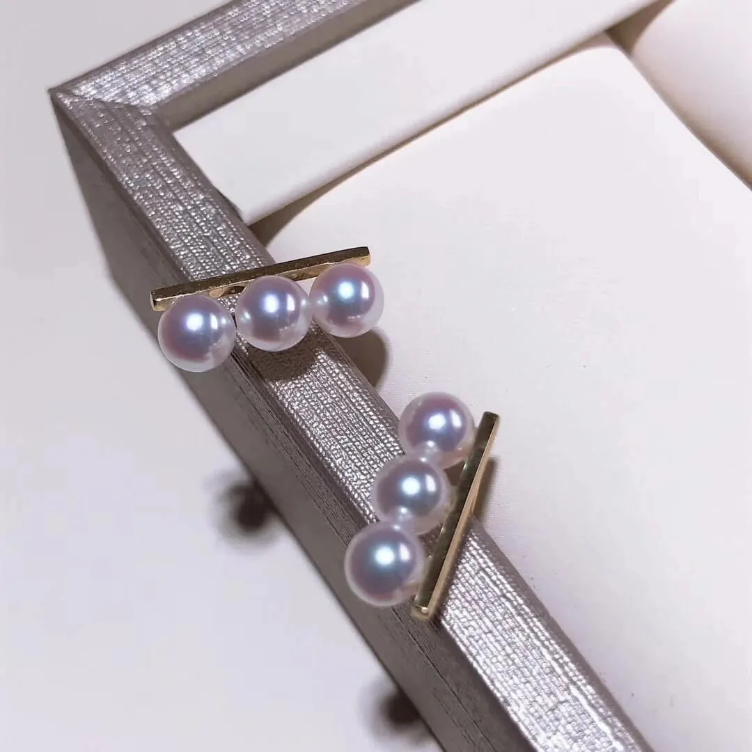 Matchstick 3.0-4.0 mm Japanese White Akoya Cultured Pearl Stud Earrings in 18K Gold