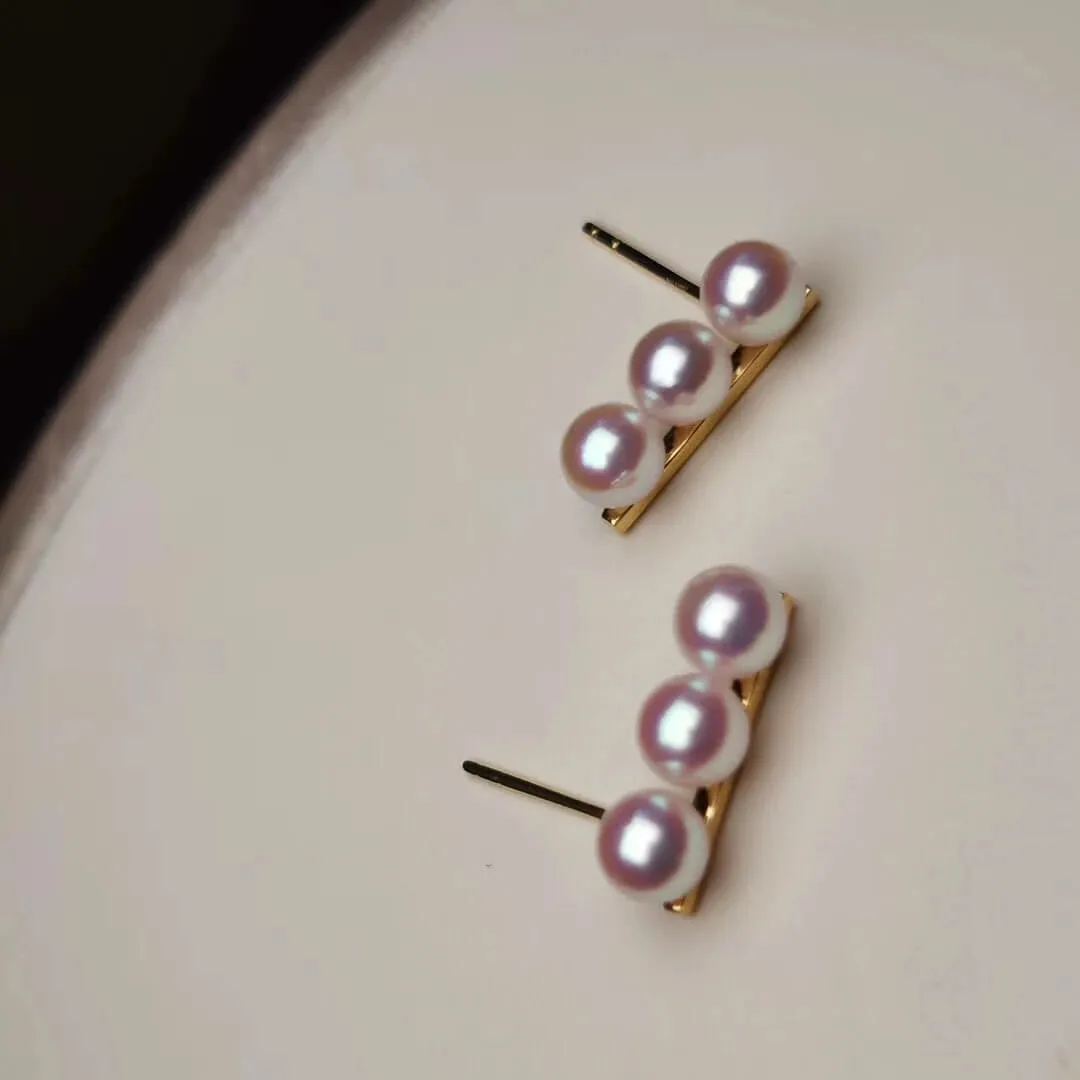 Matchstick 3.0-4.0 mm Japanese White Akoya Cultured Pearl Stud Earrings in 18K Gold