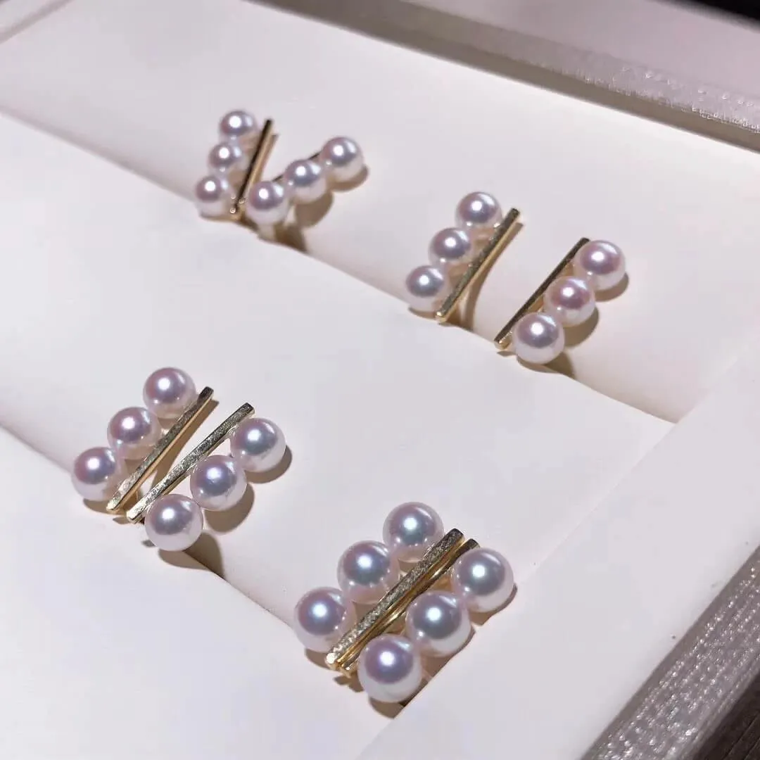 Matchstick 3.0-4.0 mm Japanese White Akoya Cultured Pearl Stud Earrings in 18K Gold