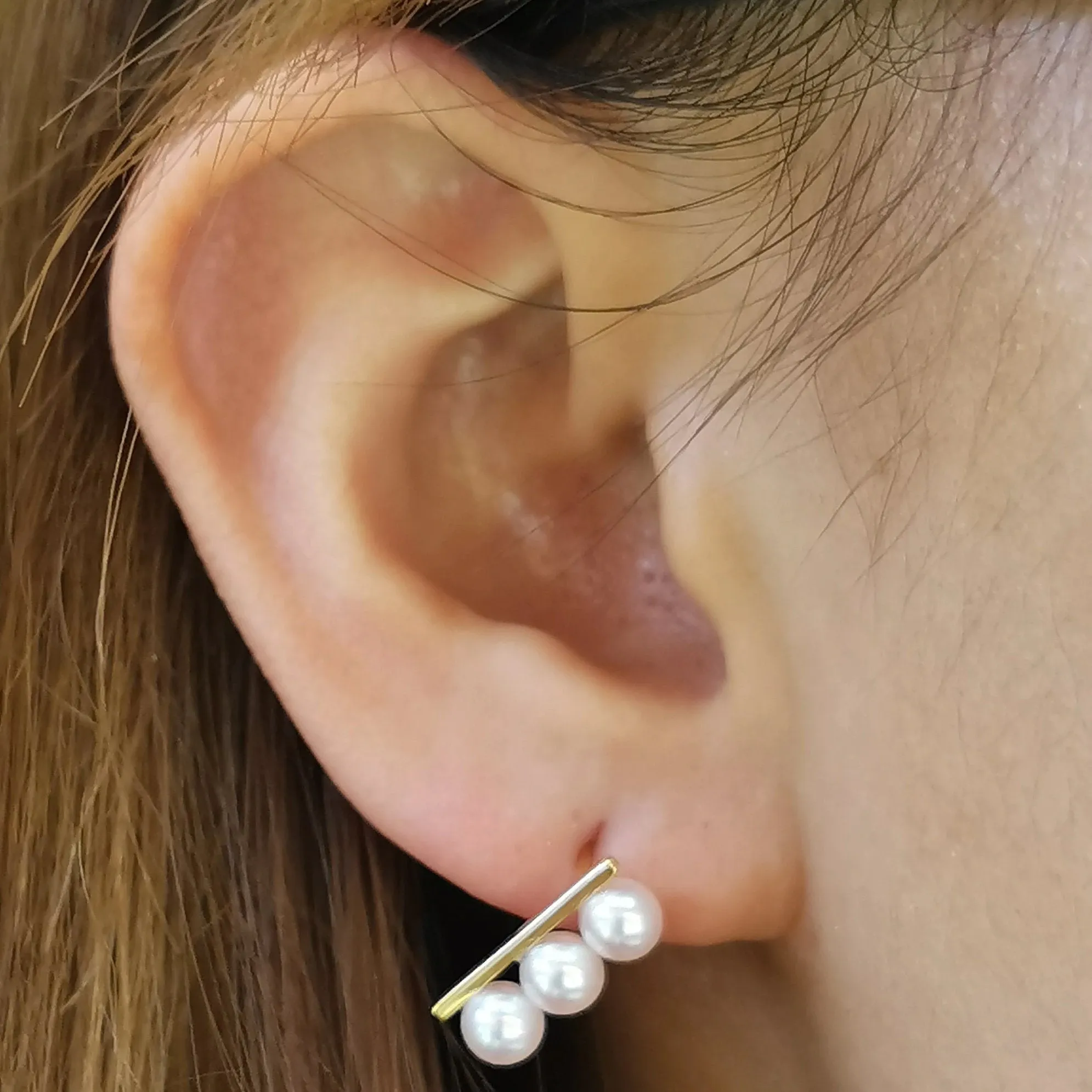 Matchstick 3.0-4.0 mm Japanese White Akoya Cultured Pearl Stud Earrings in 18K Gold