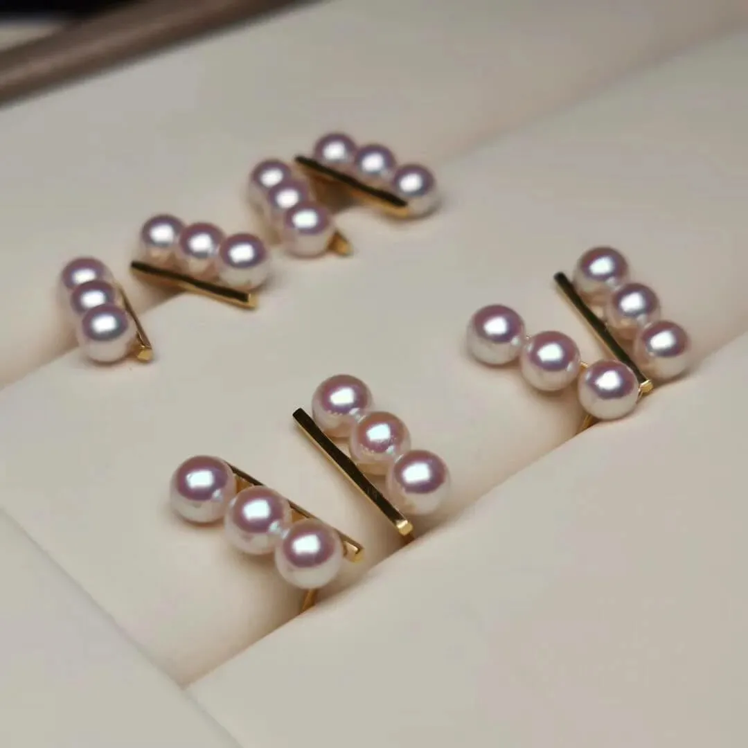 Matchstick 3.0-4.0 mm Japanese White Akoya Cultured Pearl Stud Earrings in 18K Gold