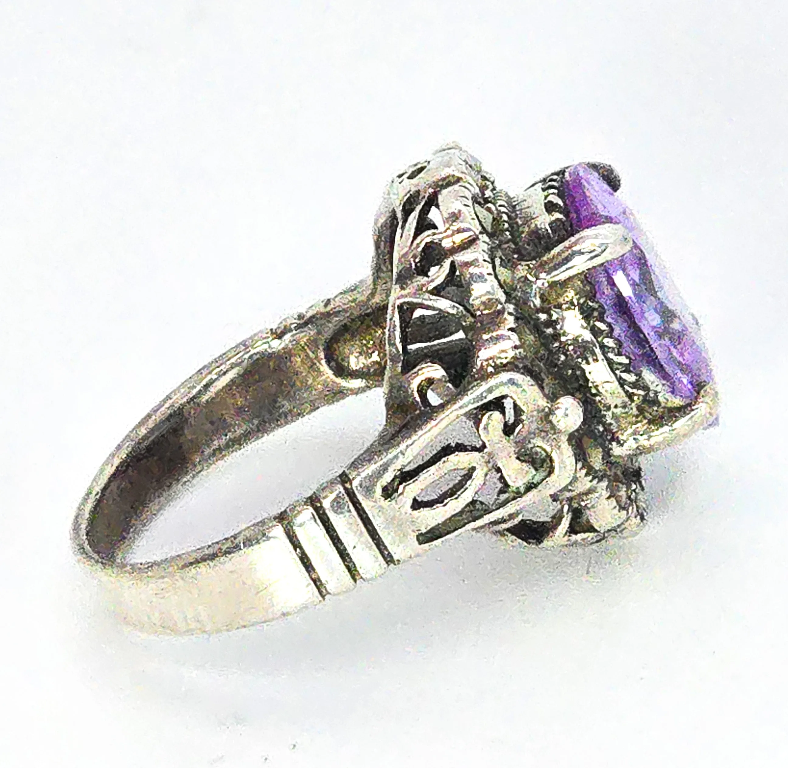 MD Purple paste marcasite vintage sterling silver statement ring size 7