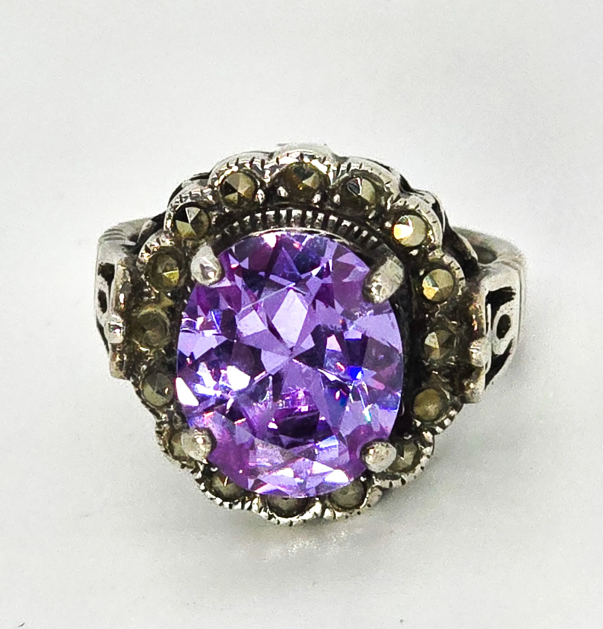 MD Purple paste marcasite vintage sterling silver statement ring size 7