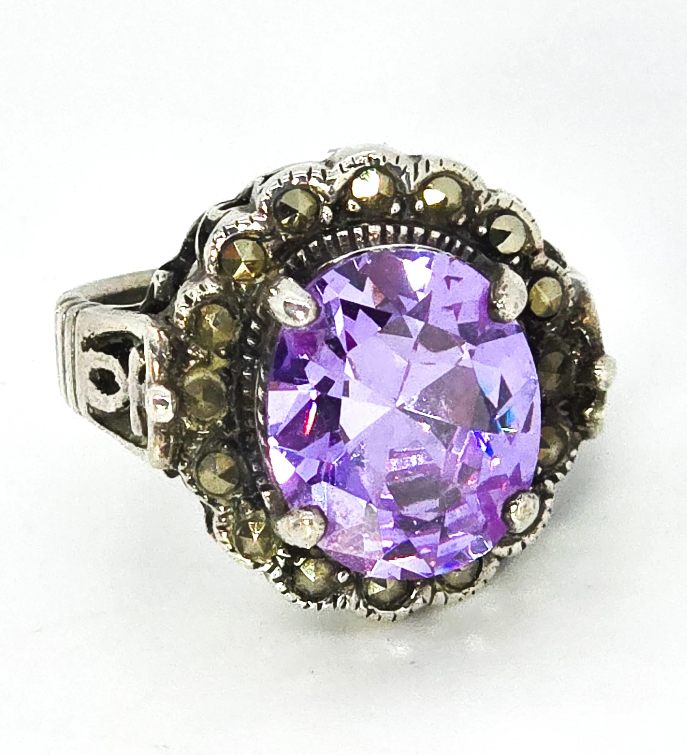 MD Purple paste marcasite vintage sterling silver statement ring size 7