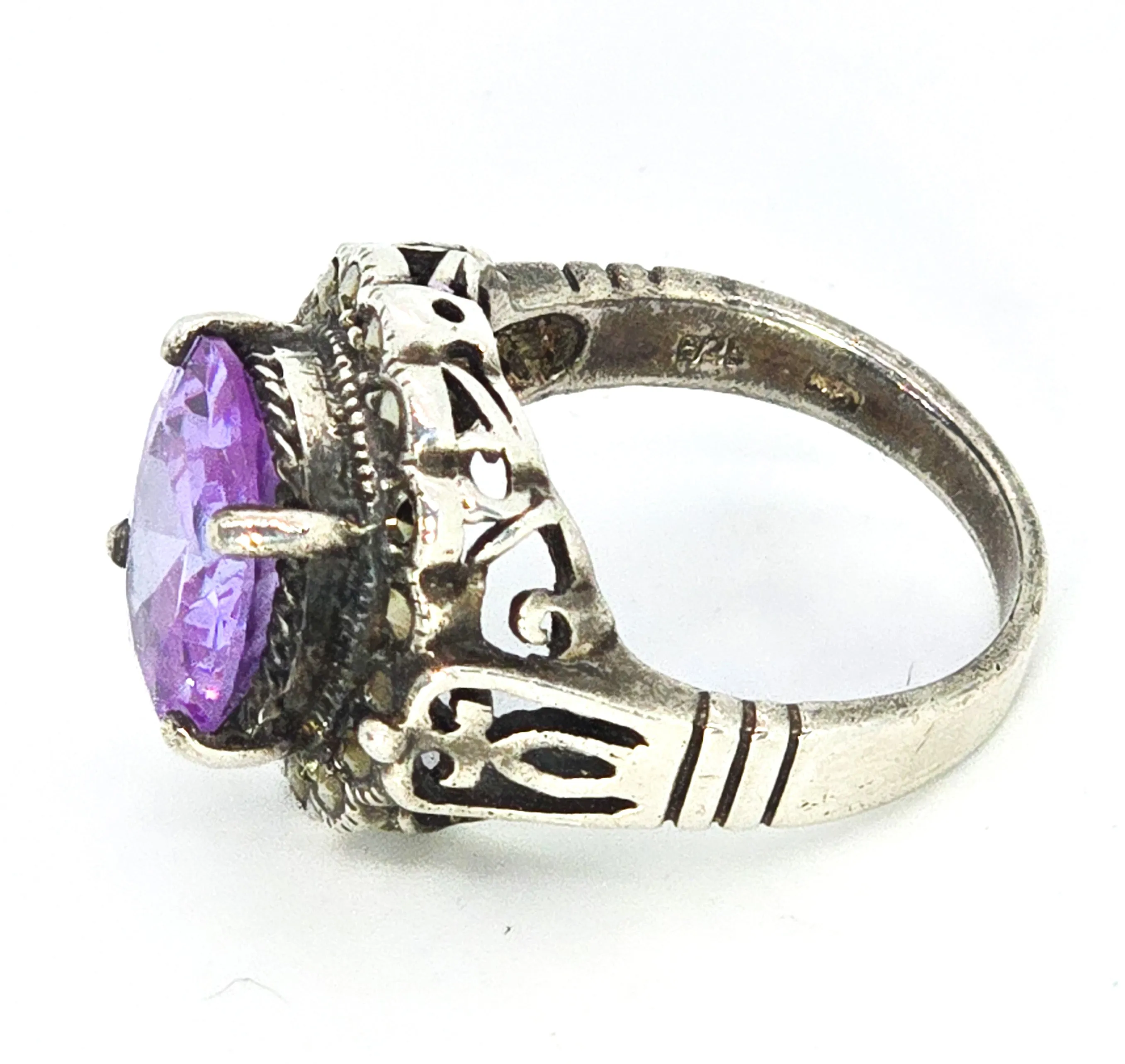 MD Purple paste marcasite vintage sterling silver statement ring size 7