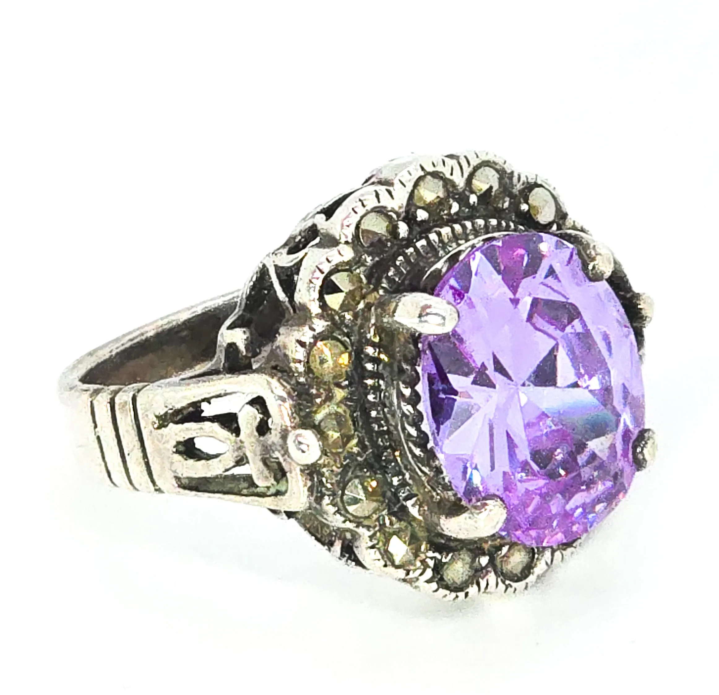 MD Purple paste marcasite vintage sterling silver statement ring size 7