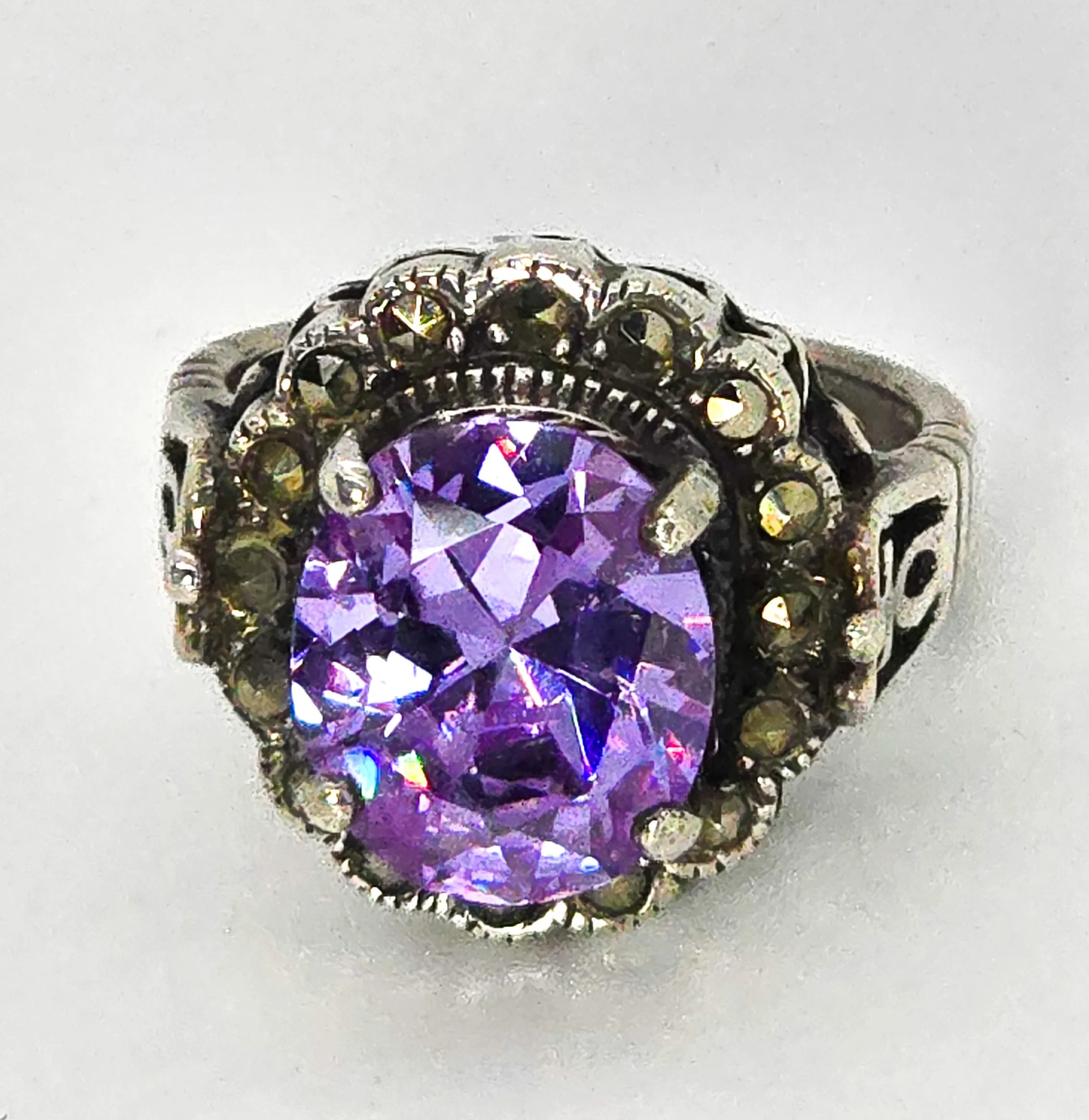 MD Purple paste marcasite vintage sterling silver statement ring size 7