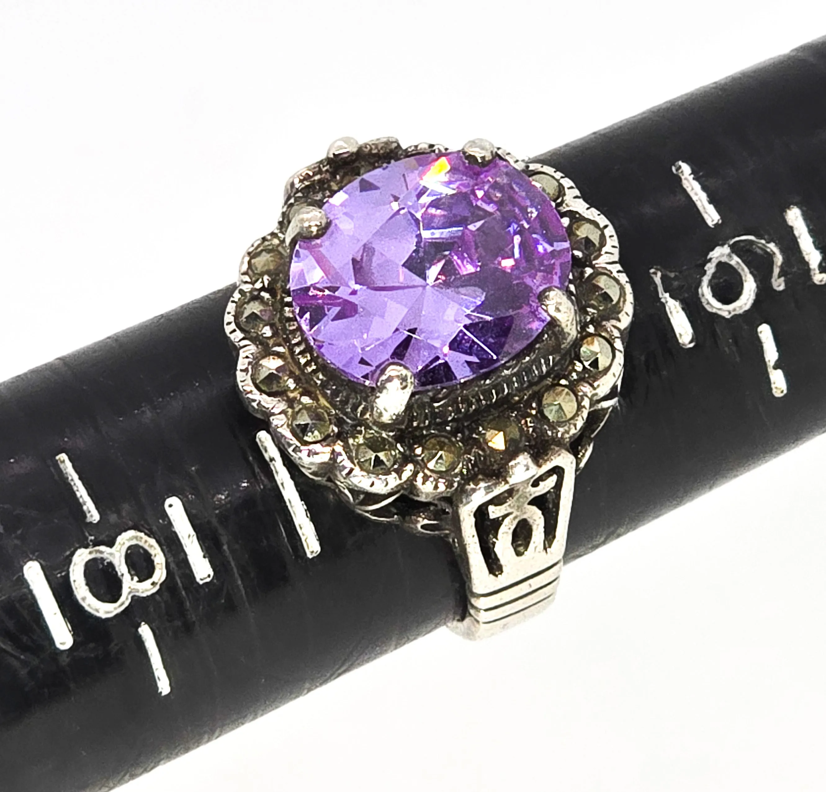 MD Purple paste marcasite vintage sterling silver statement ring size 7