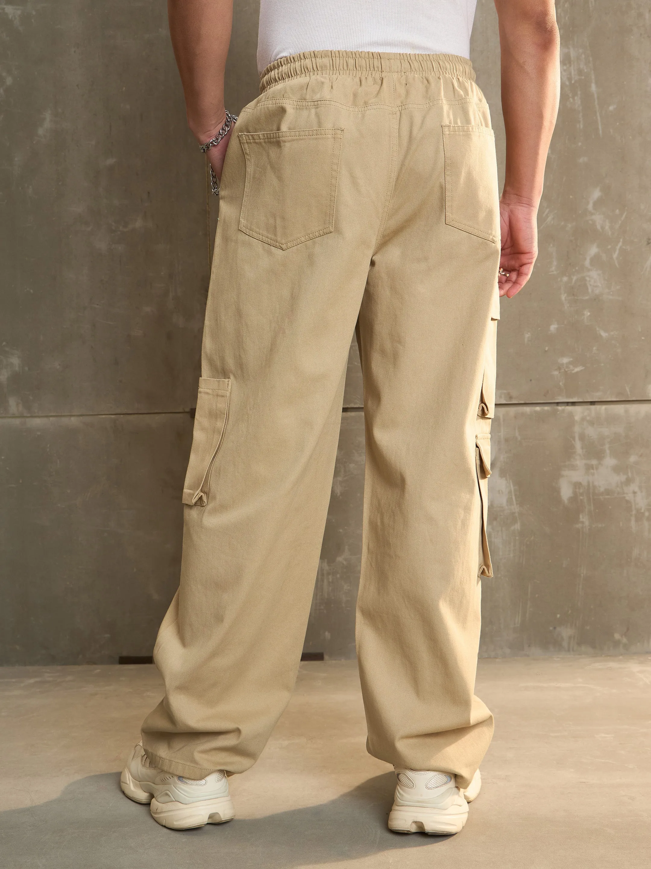 Men Beige Twill Elasticated Waist Wide Leg Pants