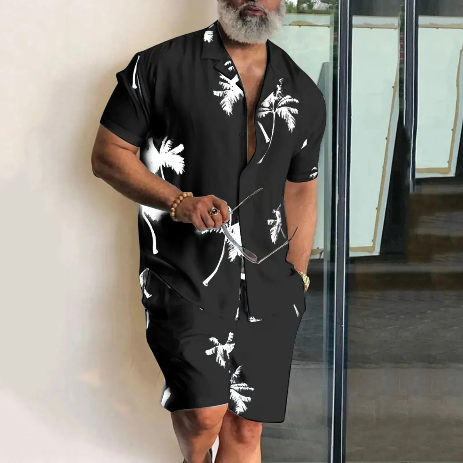 Men’s 3D Coconut Tree Print Shirt & Shorts Set