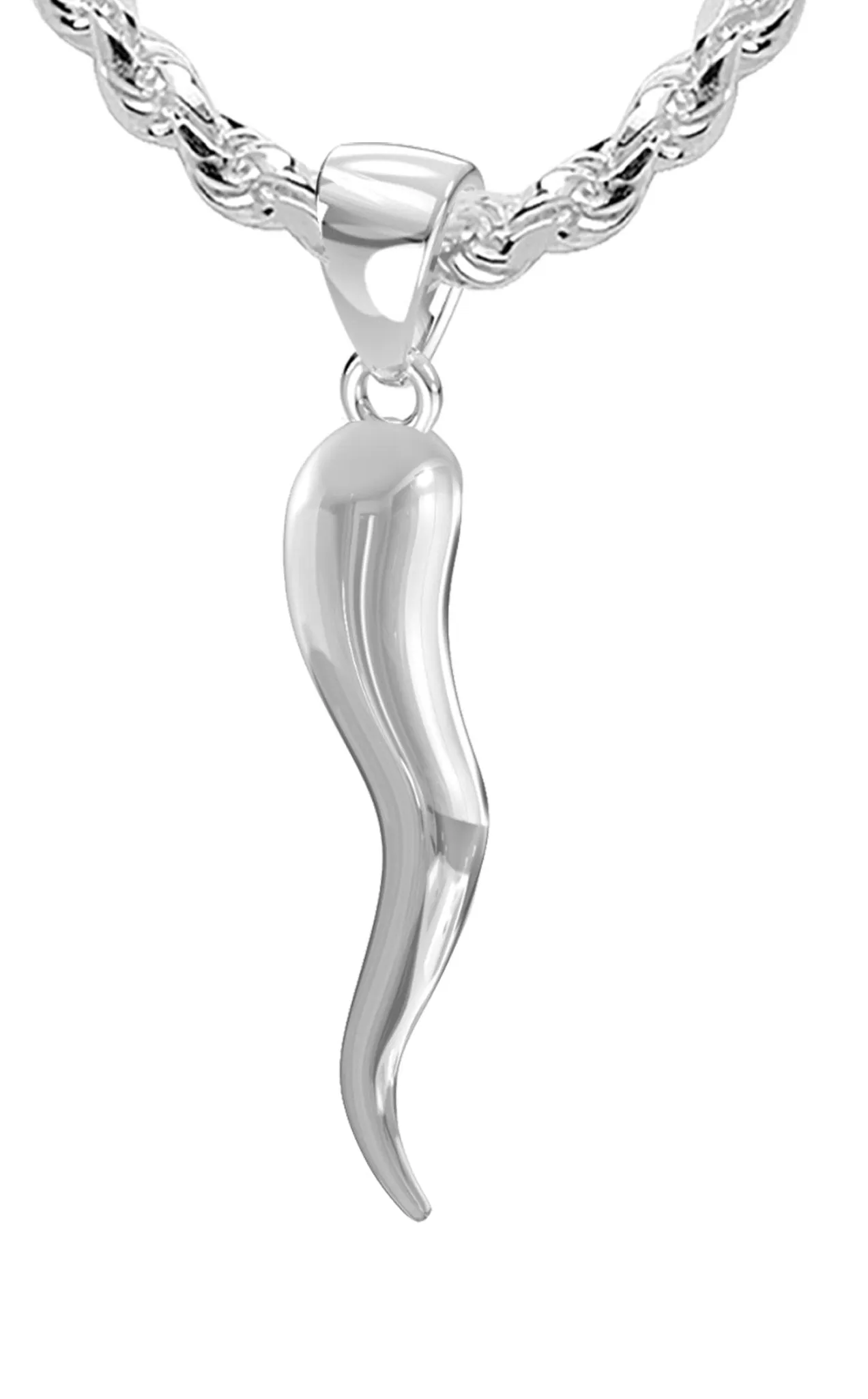 Men's 925 Sterling Silver Italian Horn Cornicello Amulet Pendant Necklace, 35mm