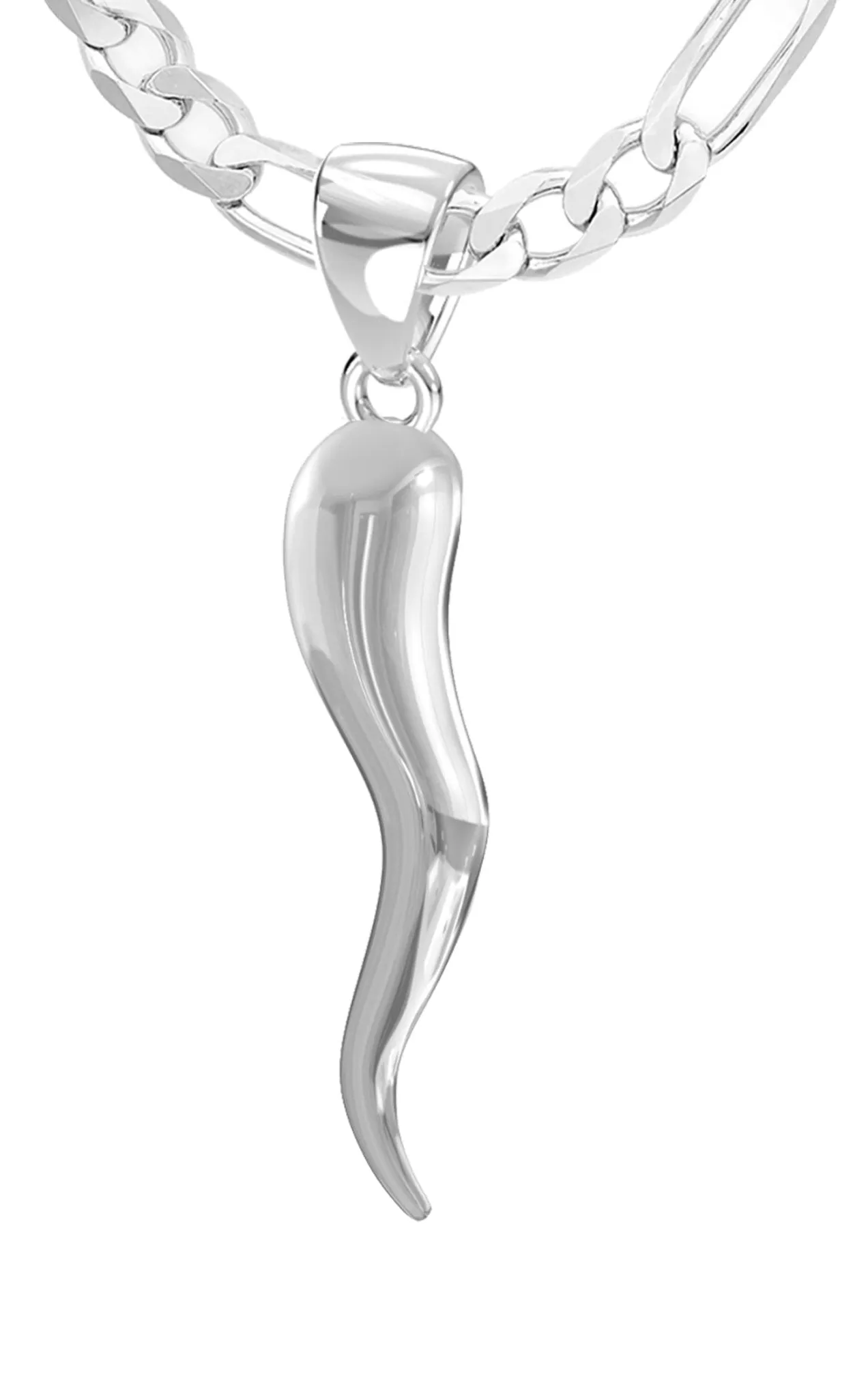 Men's 925 Sterling Silver Italian Horn Cornicello Amulet Pendant Necklace, 35mm