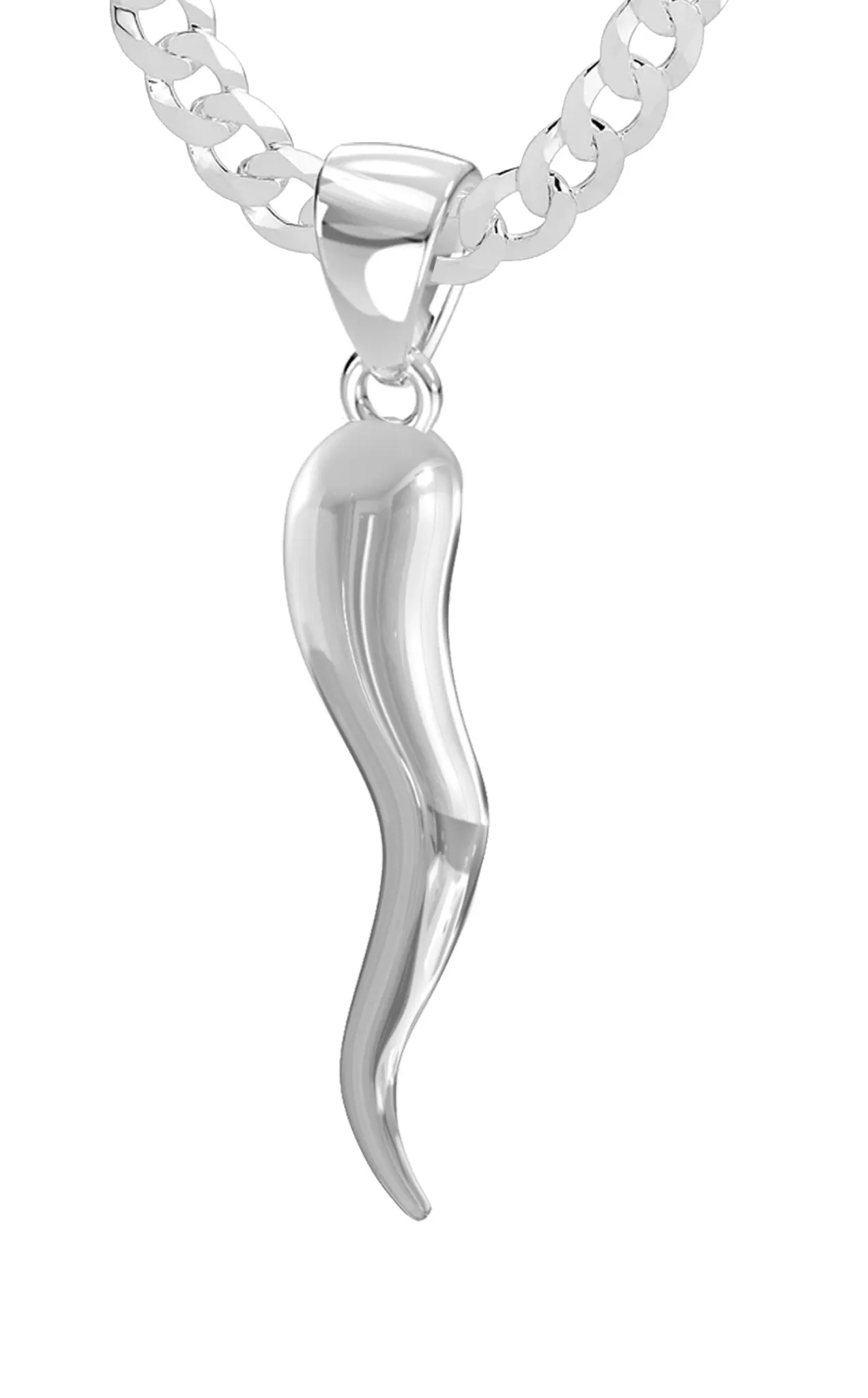 Men's 925 Sterling Silver Italian Horn Cornicello Amulet Pendant Necklace, 35mm