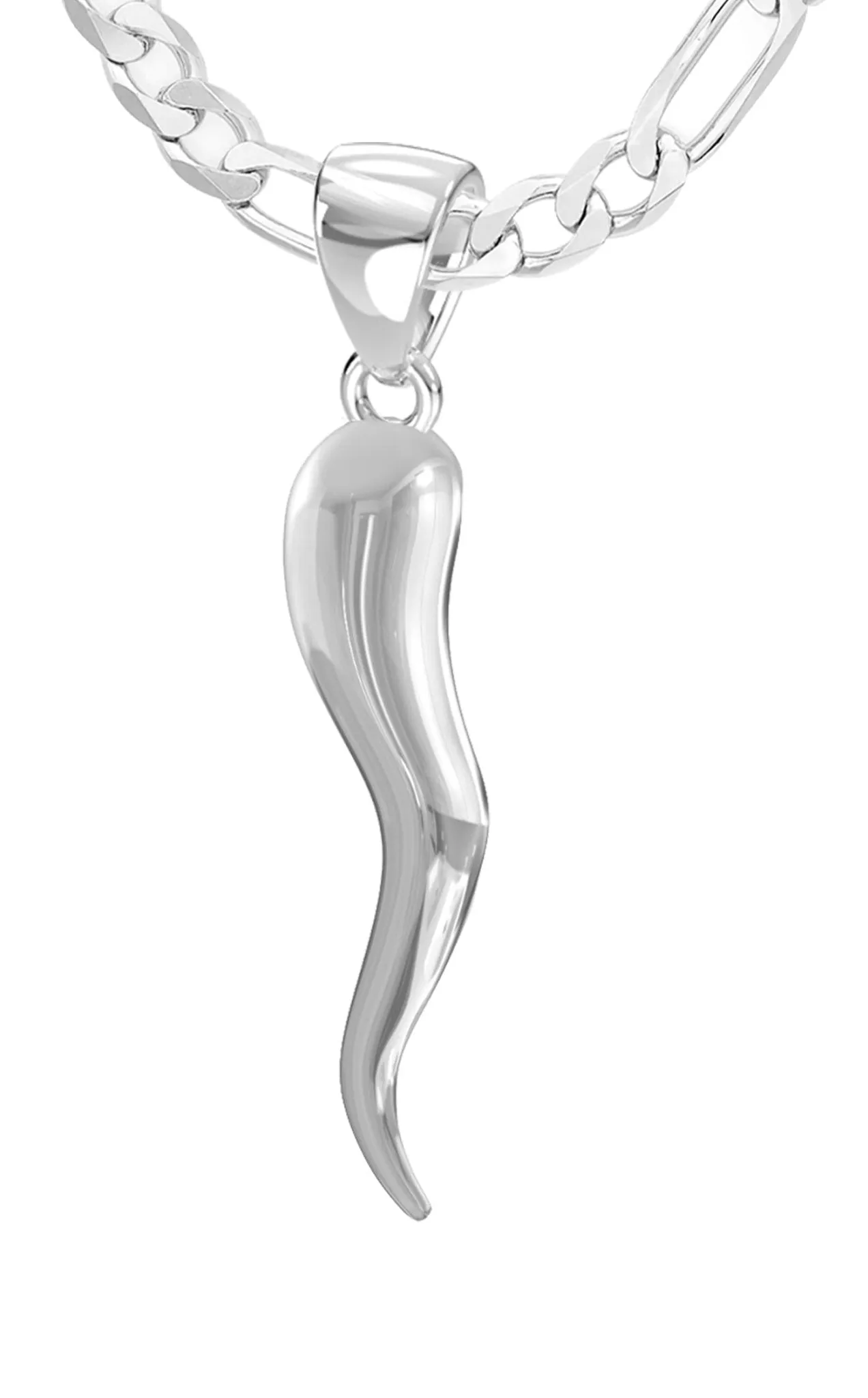 Men's 925 Sterling Silver Italian Horn Cornicello Amulet Pendant Necklace, 35mm
