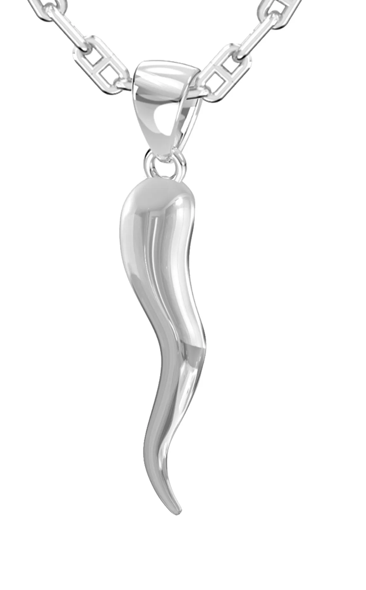 Men's 925 Sterling Silver Italian Horn Cornicello Amulet Pendant Necklace, 35mm