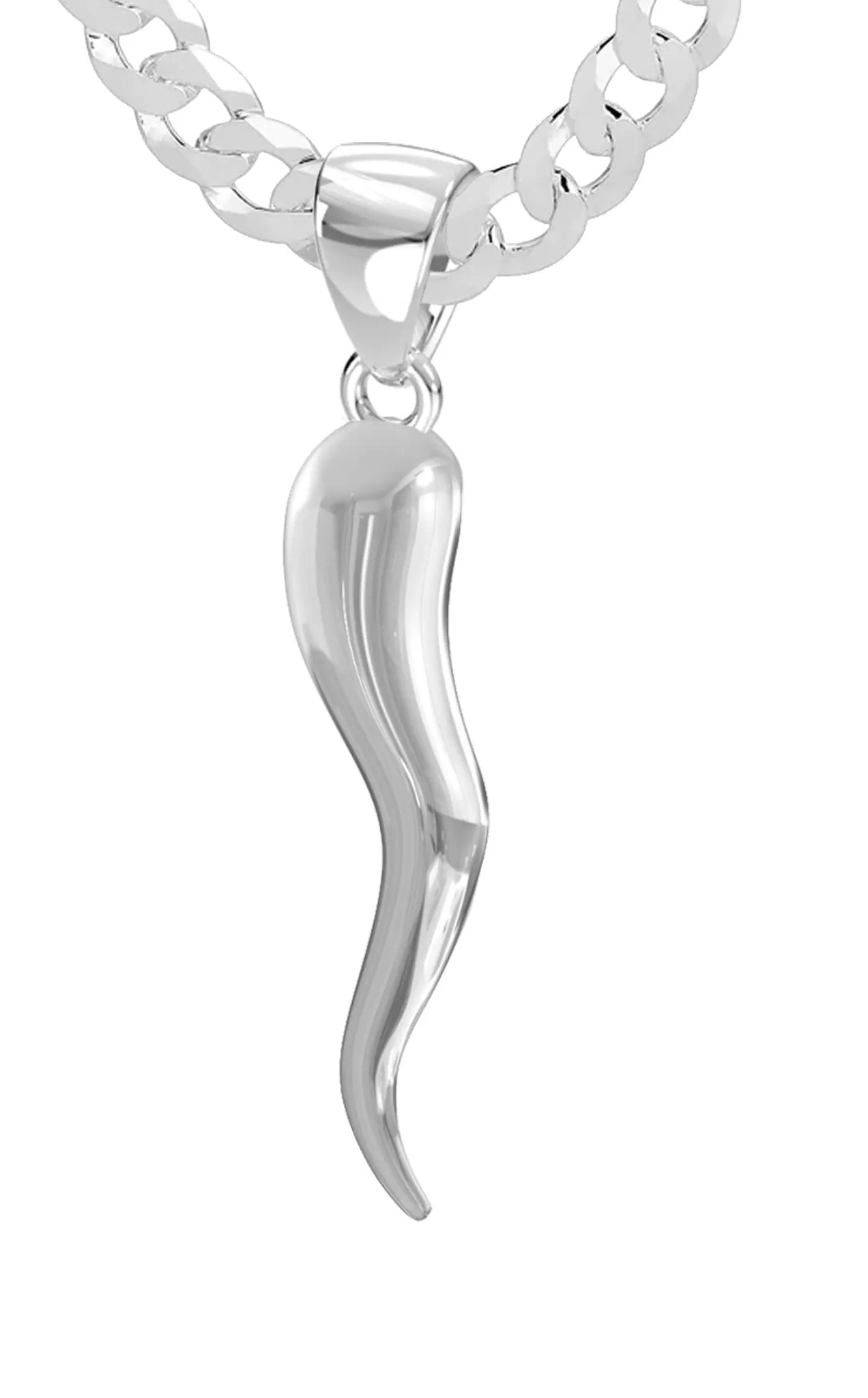 Men's 925 Sterling Silver Italian Horn Cornicello Amulet Pendant Necklace, 35mm
