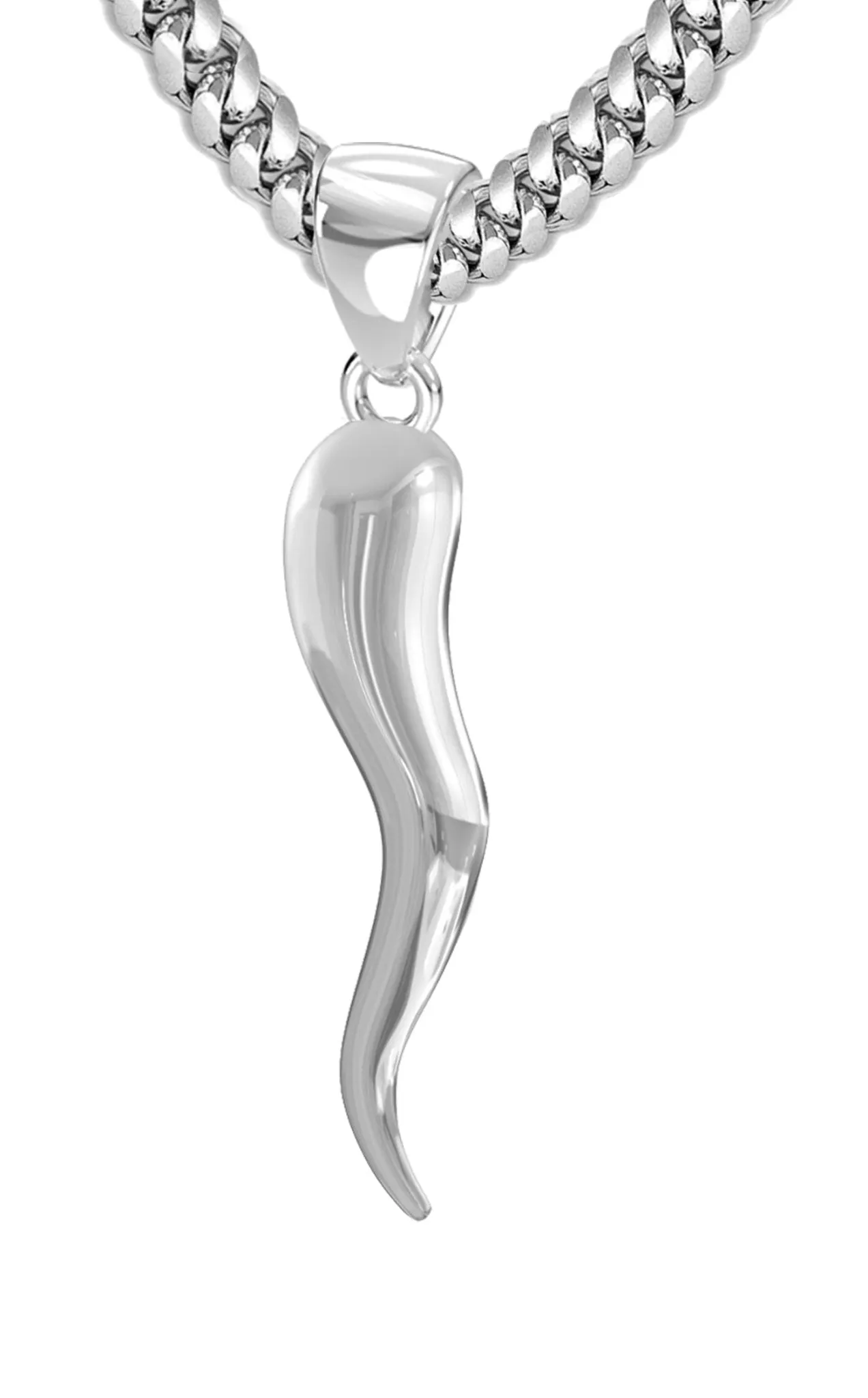 Men's 925 Sterling Silver Italian Horn Cornicello Amulet Pendant Necklace, 35mm