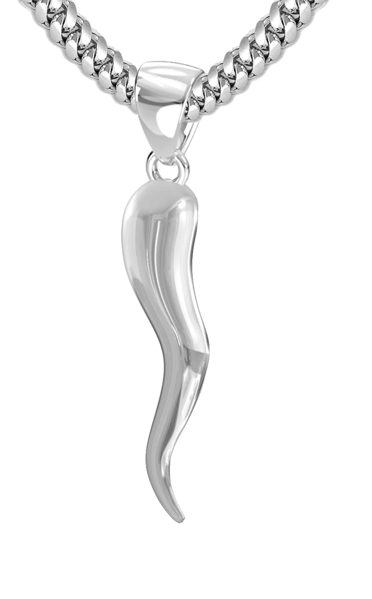 Men's 925 Sterling Silver Italian Horn Cornicello Amulet Pendant Necklace, 35mm
