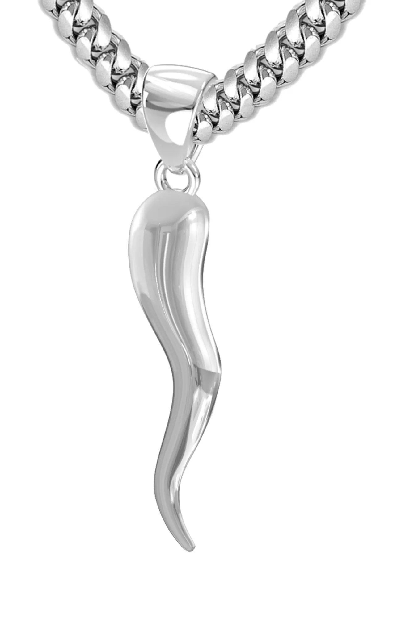 Men's 925 Sterling Silver Italian Horn Cornicello Amulet Pendant Necklace, 35mm