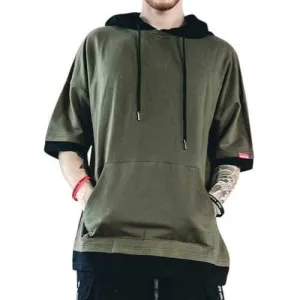 Mens Cotton Loose Elbow Sleeve Hooded T Shirt