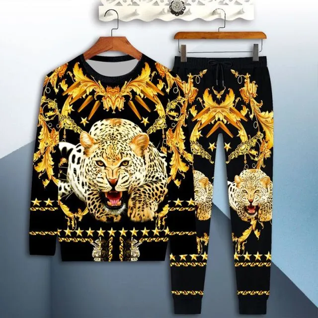 Mens sportswear suit 3d tiger long sleeved casual slim t-shirt