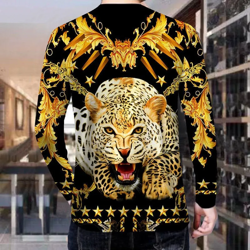 Mens sportswear suit 3d tiger long sleeved casual slim t-shirt