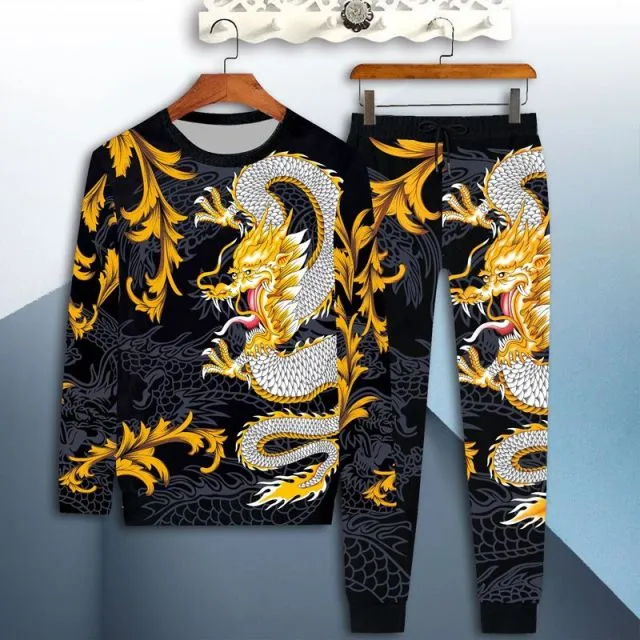 Mens sportswear suit 3d tiger long sleeved casual slim t-shirt