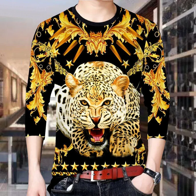 Mens sportswear suit 3d tiger long sleeved casual slim t-shirt