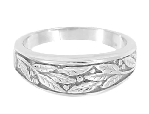 Mid Century Modern Carved Olive Leaves Mens Tapered Ring in White Gold - 6.8mm Wide