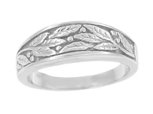 Mid Century Modern Carved Olive Leaves Mens Tapered Ring in White Gold - 6.8mm Wide