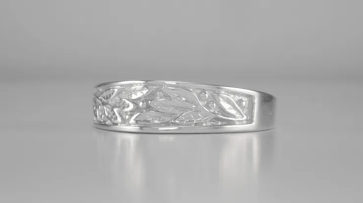 Mid Century Modern Carved Olive Leaves Mens Tapered Ring in White Gold - 6.8mm Wide