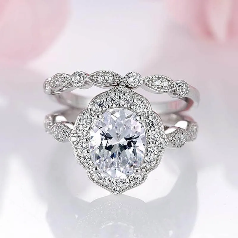 Milgrain Halo Oval Cut Vintage Wedding Set