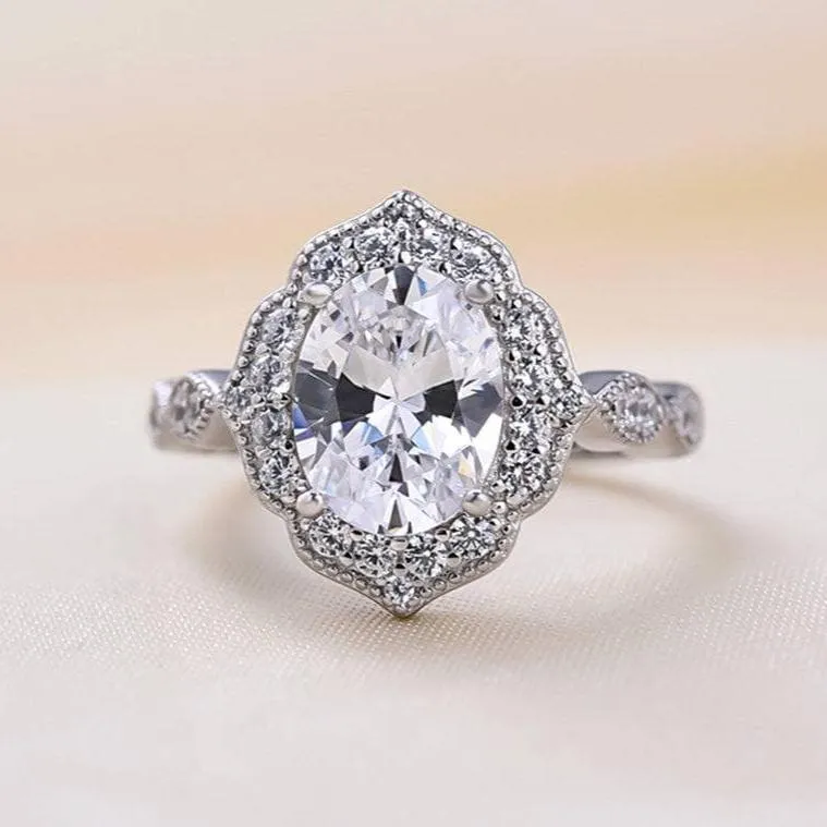 Milgrain Halo Oval Cut Vintage Wedding Set