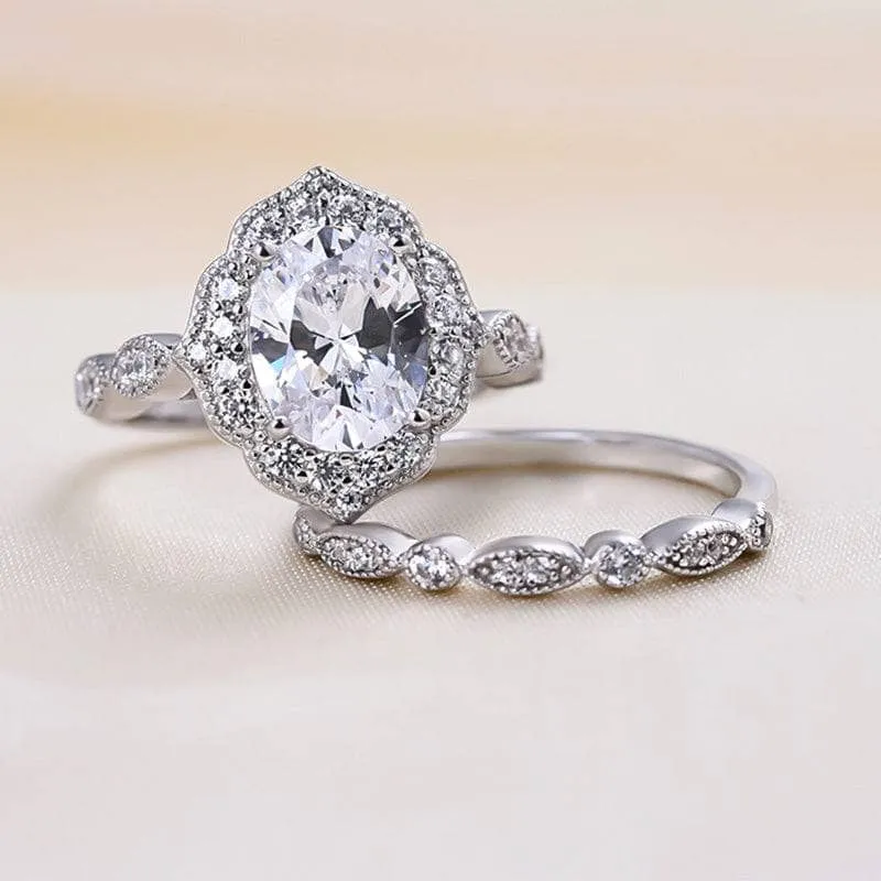 Milgrain Halo Oval Cut Vintage Wedding Set