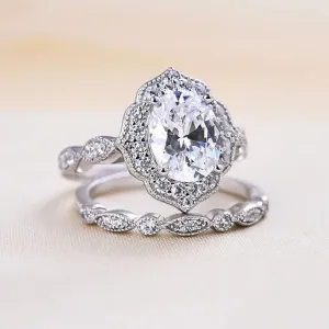 Milgrain Halo Oval Cut Vintage Wedding Set