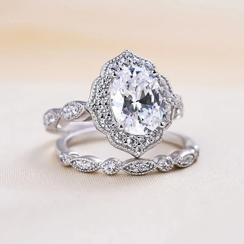 Milgrain Halo Oval Cut Vintage Wedding Set