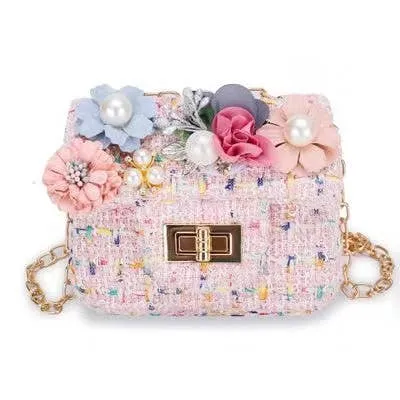 Mini Tweed Pearly Florals Crossbody - Pink