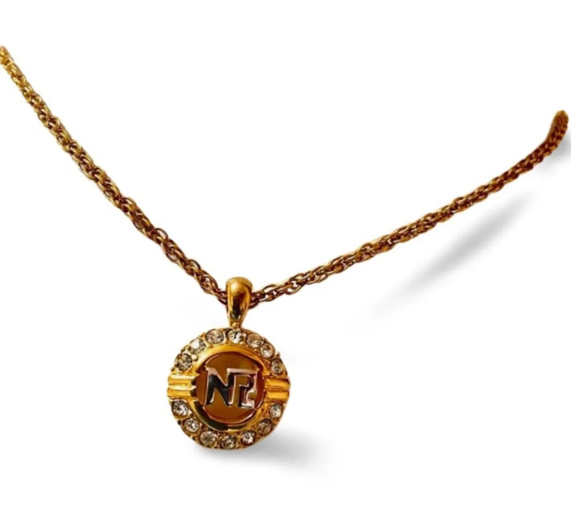 MINT. Vintage NINA RICCI skinny chain necklace with crystal round logo top. 051016ap7