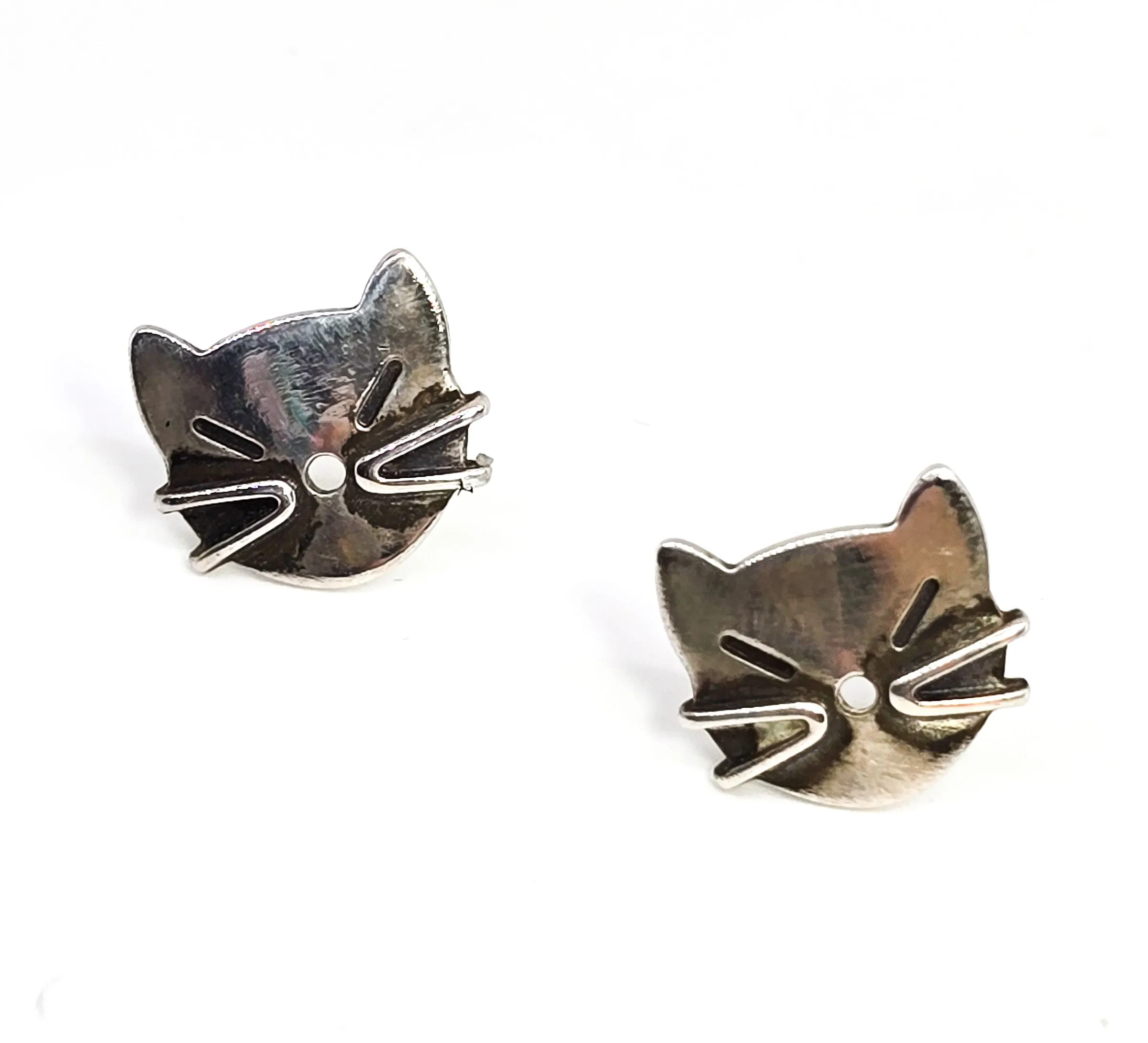 Modernist Cat head abstract kitty vintage sterling silver post stud earrings