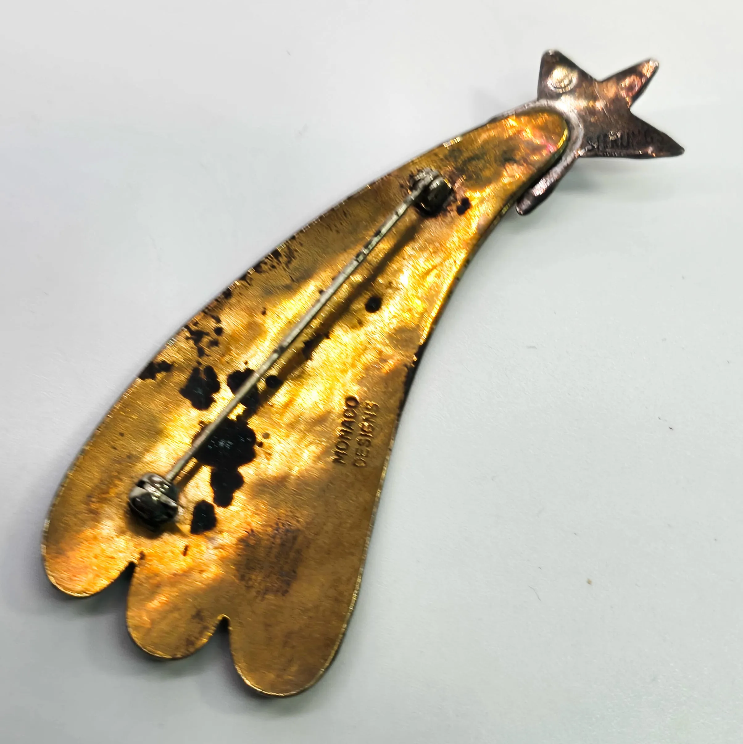 Monaco Designs shooting star sterling silver and copper vintage embossed brooch