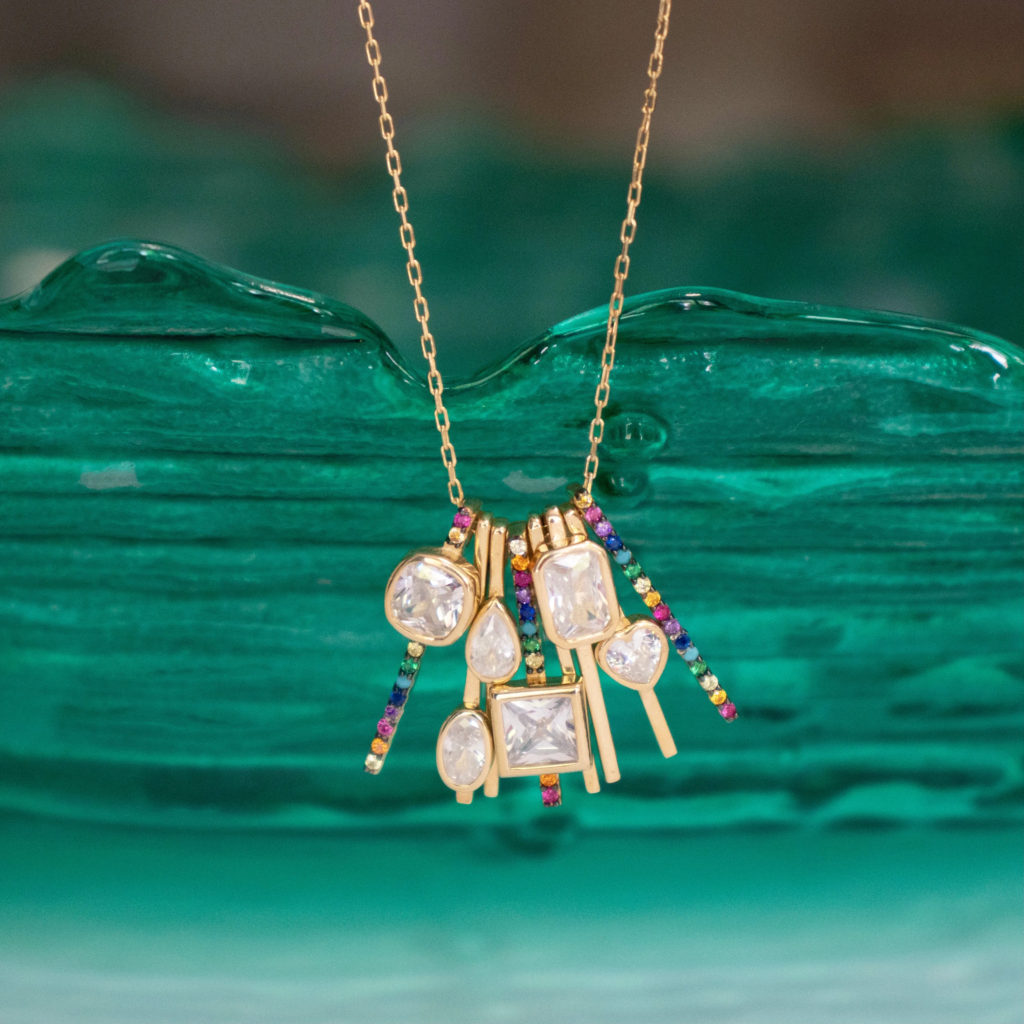 Multicolor Drop Charm Necklace - Gold